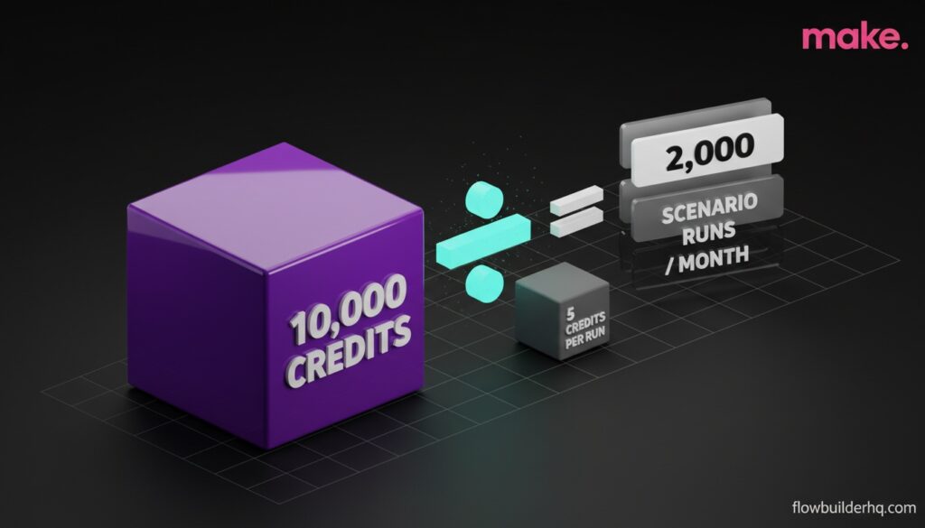 Make.com pricing 2026 credit math: 10,000 credits divided by 5 credits per run equals 2,000 monthly scenario runs