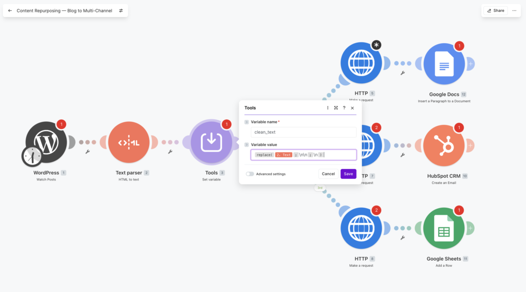 Make.com Tools module with replace expression cleaning whitespace before AI processing