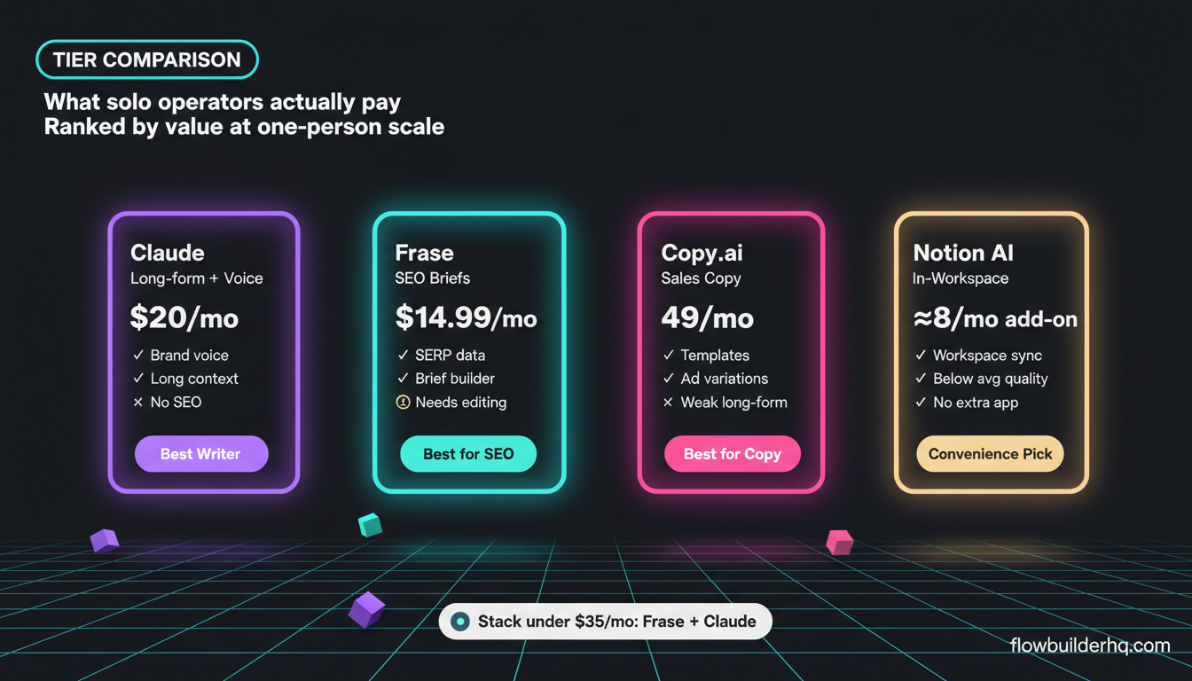 Best AI writing tools for solopreneurs 2026 comparison chart