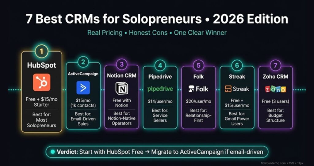 Best CRM for solopreneurs 2026 comparison ranking HubSpot ActiveCampaign Notion Pipedrive Folk Streak Zoho