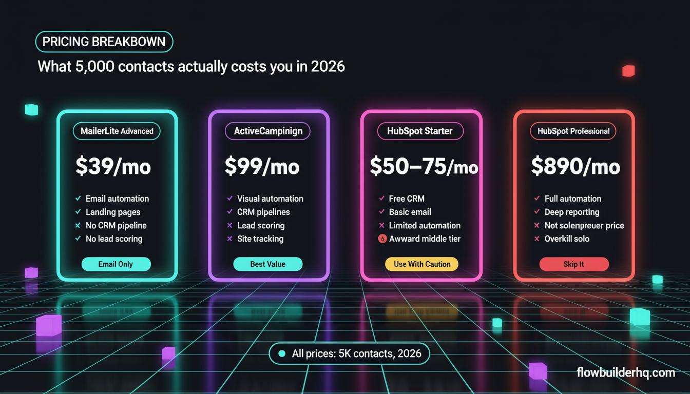 MailerLite vs ActiveCampaign vs HubSpot for solopreneurs — 2026 comparison chart