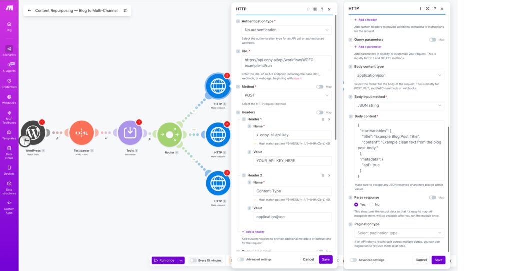 Make.com HTTP module URL, method, and headers configured for Copy.ai workflow API