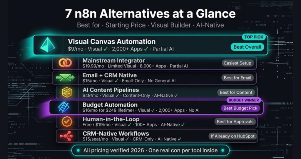 Comparison chart of 7 n8n alternatives for solopreneurs in 2026 — pricing, visual builder, and AI-native features compared