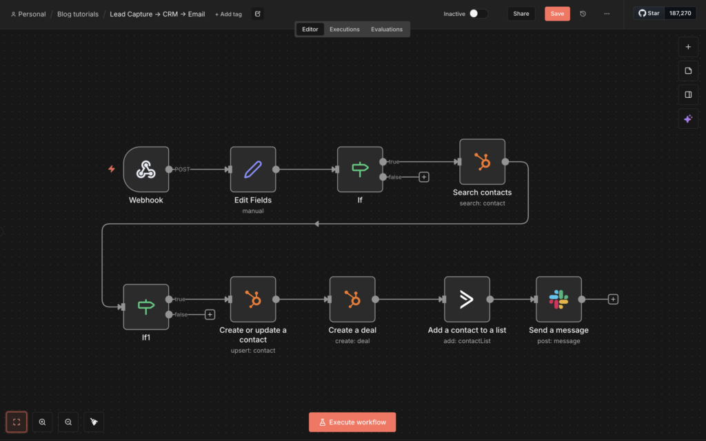 n8n Cloud workflow canvas showing 9-node lead capture and onboarding pipeline with HubSpot and ActiveCampaign integration