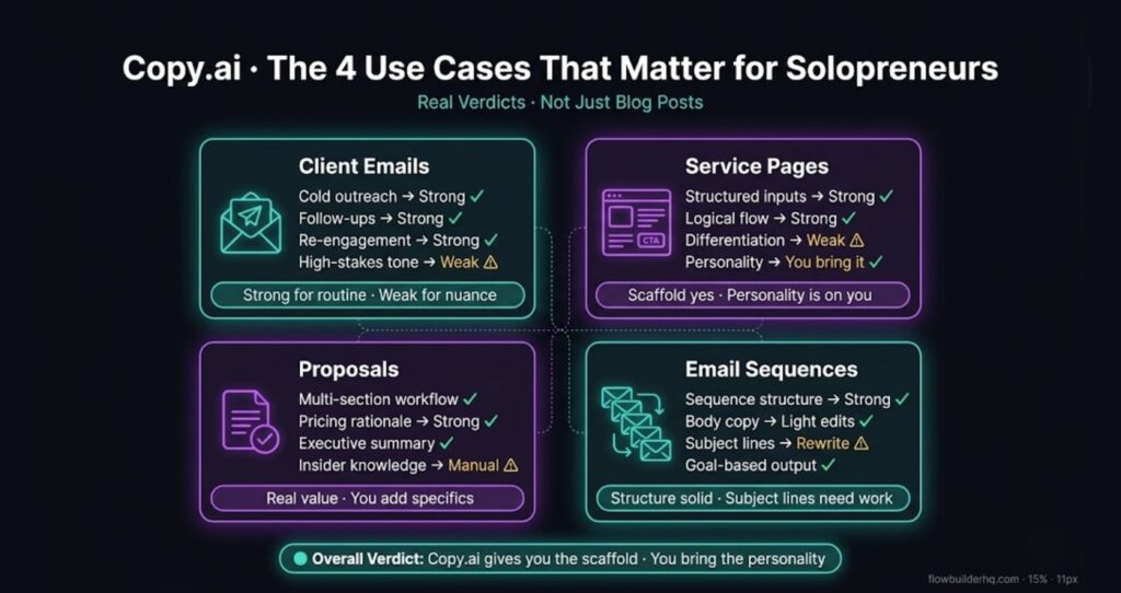 Copy.ai performance across 4 solopreneur use cases with verdict for client emails service pages proposals and email sequences