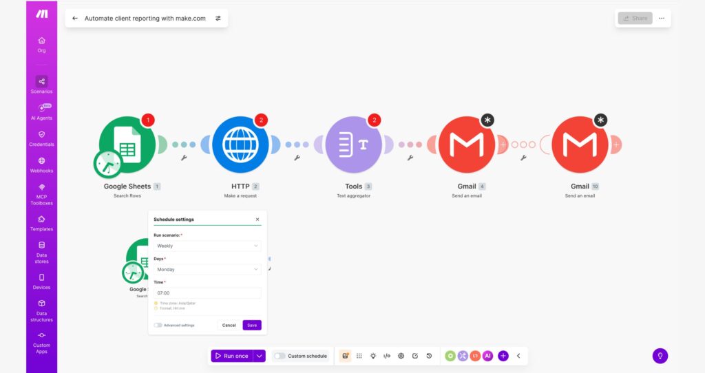 how to automate client reporting with make.com