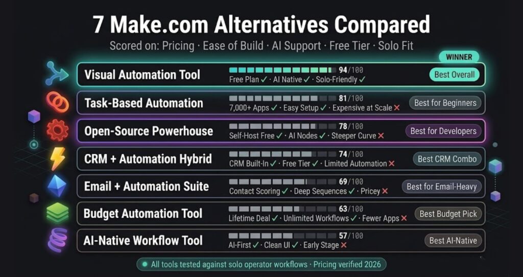Comparison chart of 7 Make.com alternatives for solopreneurs — scored on pricing, ease of use, AI support, and solo fit