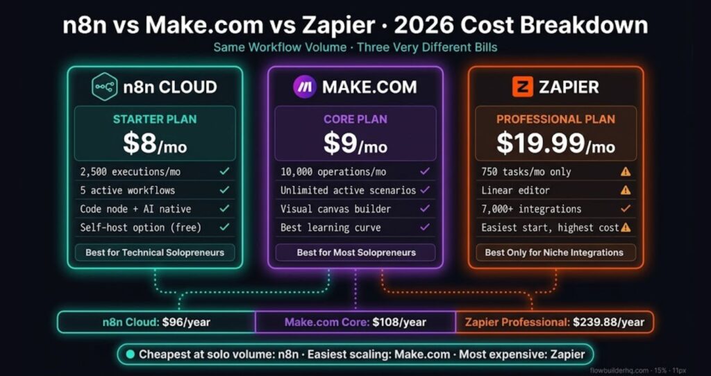 n8n Cloud vs Make.com vs Zapier pricing comparison for solopreneurs 2026 showing monthly cost at typical workflow volumes