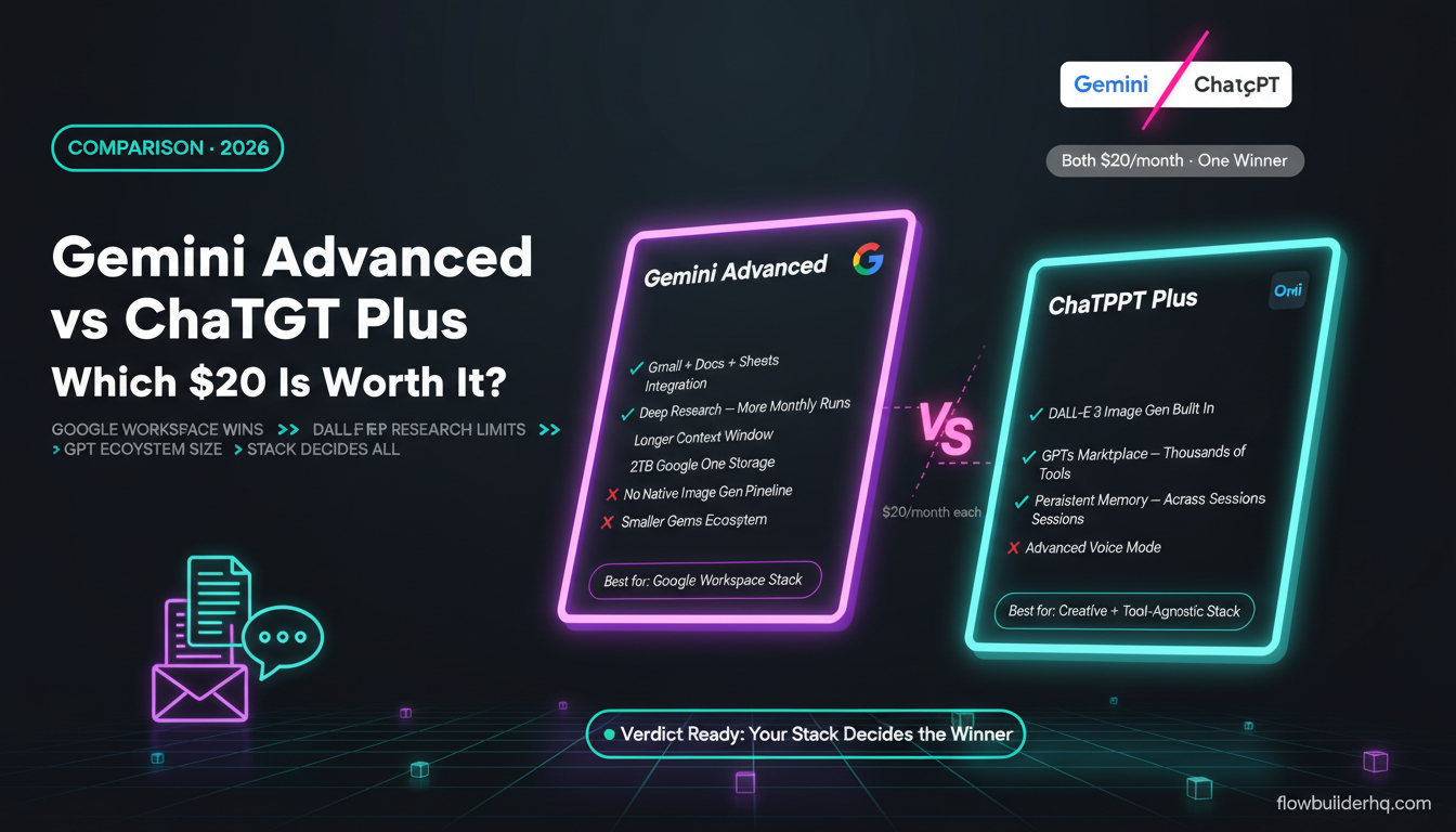 Gemini Advanced vs ChatGPT Plus for solopreneurs comparison showing which $20 subscription is worth it