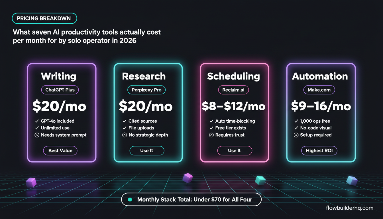 AI tools for solopreneur productivity arranged as a workflow dashboard on a laptop screen