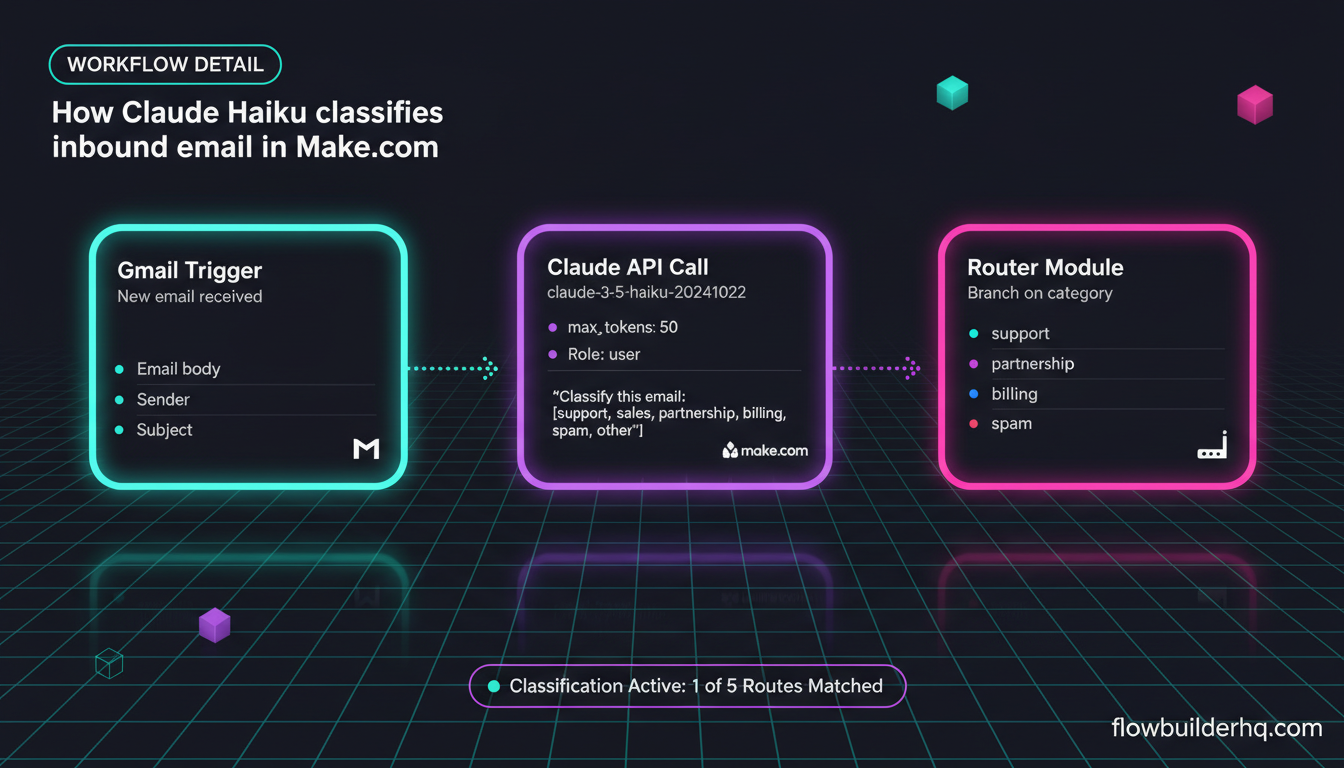 Anthropic Claude API for solopreneurs — no-code workflow diagram showing content drafting, email classification, and summarization via Make.com