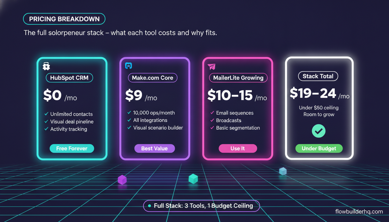 Best CRM and automation stack for solopreneurs under $50 a month showing HubSpot, Make.com, and MailerLite tools