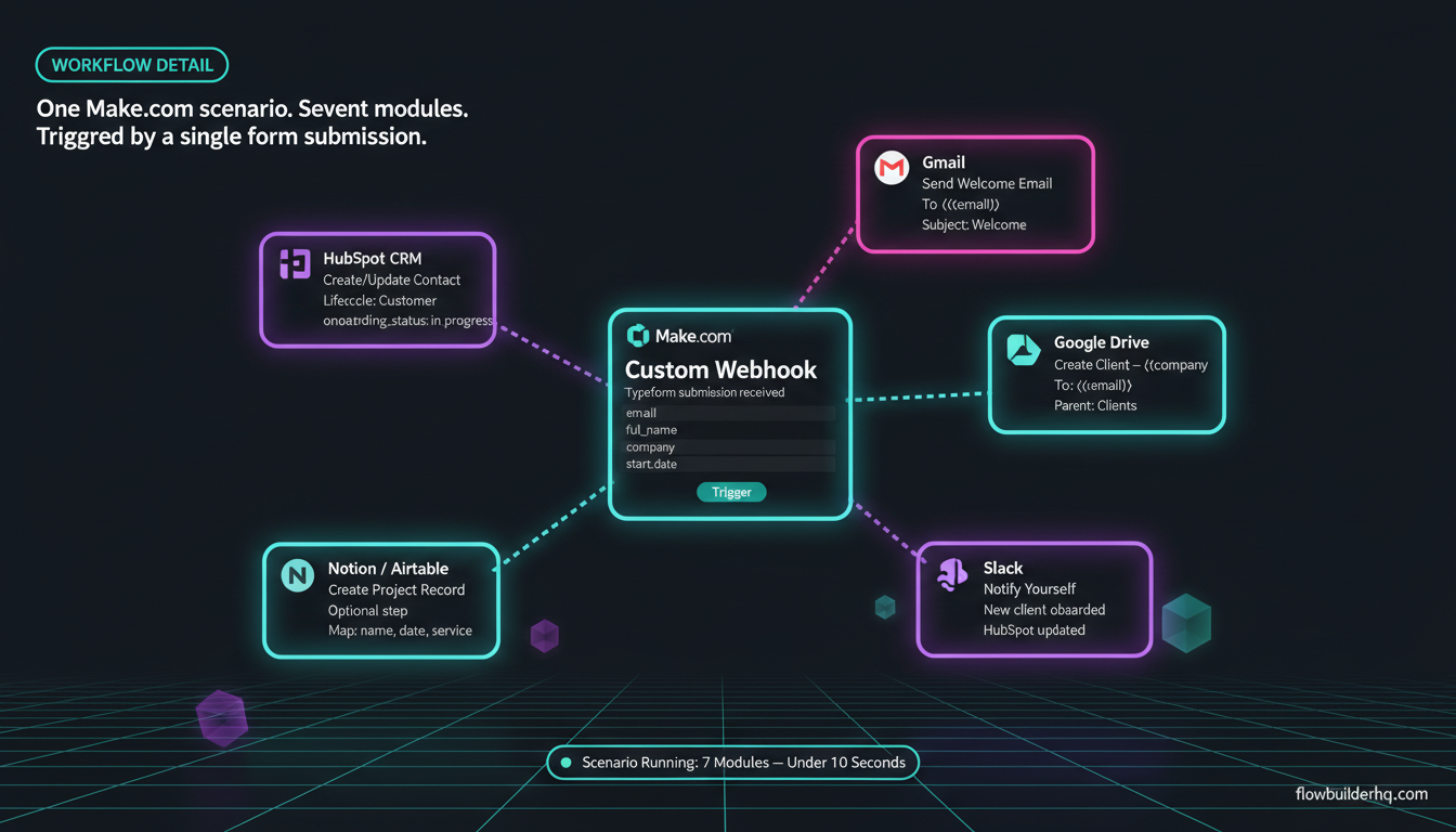 Client onboarding automation for solopreneurs built in Make.com showing webhook trigger and CRM modules