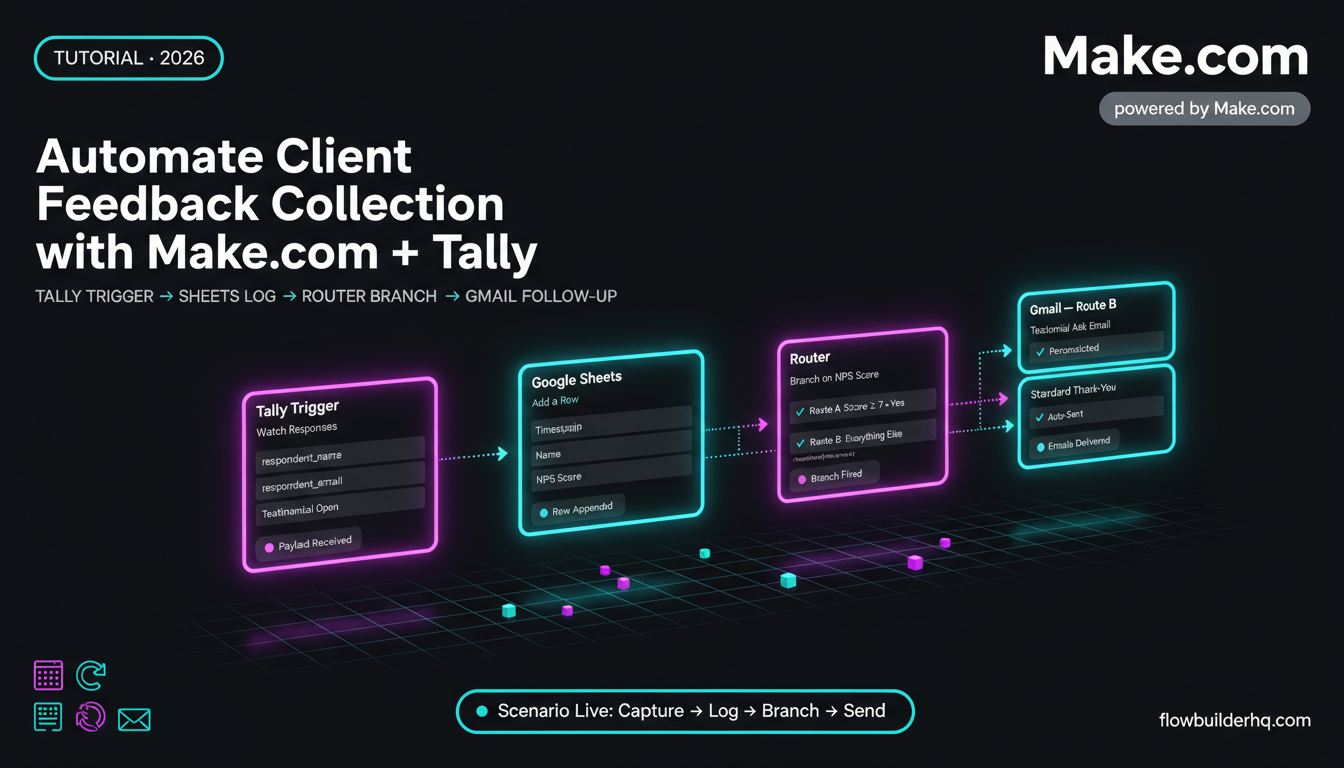 How to automate client feedback collection with Make.com and Tally — scenario diagram showing Tally trigger, Google Sheets, router, and Gmail modules