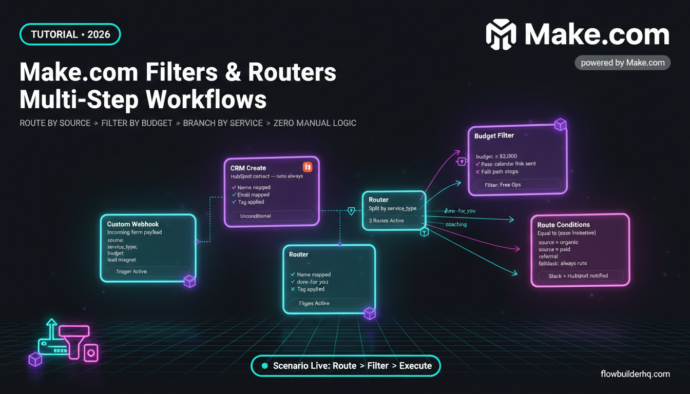 How to build a Make.com multi-step workflow with filters and routers — branching scenario diagram
