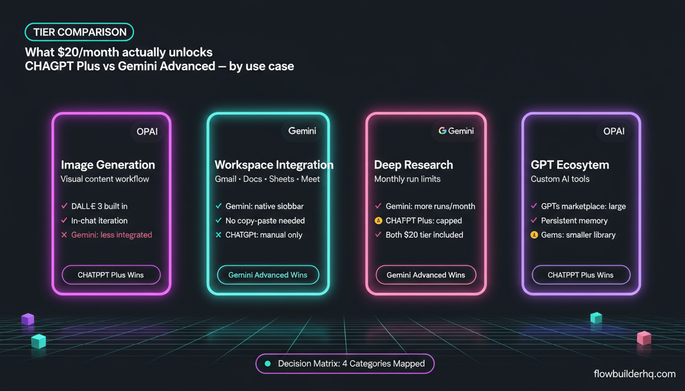 Gemini Advanced vs ChatGPT Plus for solopreneurs comparison showing which $20 subscription is worth it