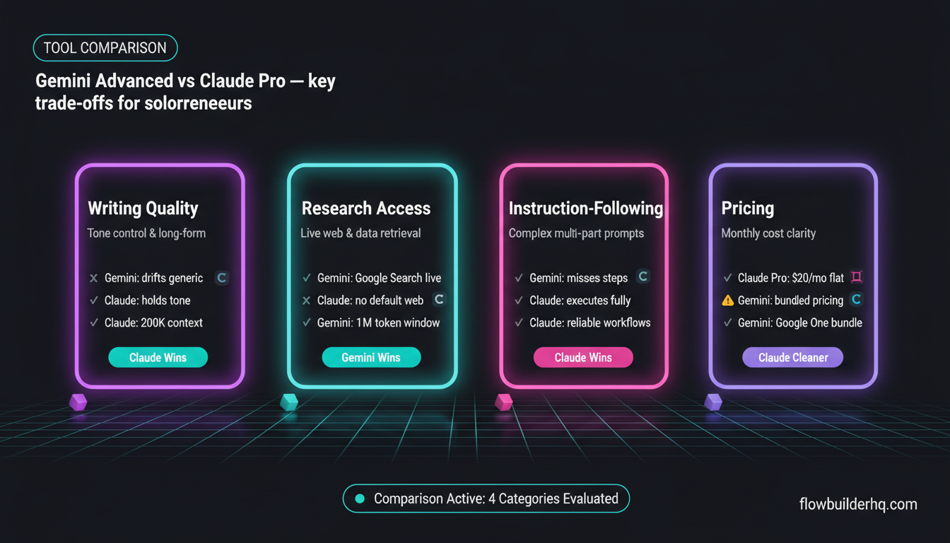 Gemini Advanced vs Claude for solopreneur writing and research tasks side-by-side comparison