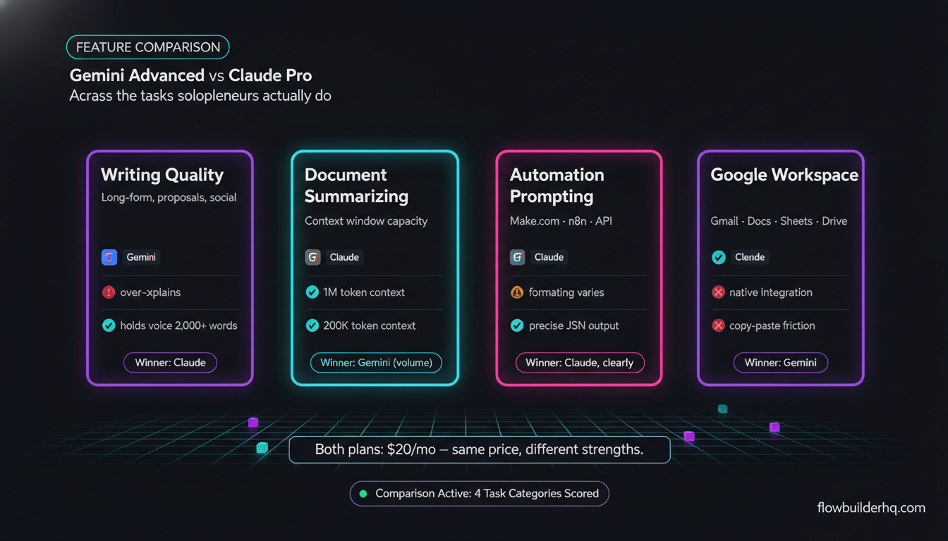 Gemini vs Claude for solopreneur content and business workflows comparison chart