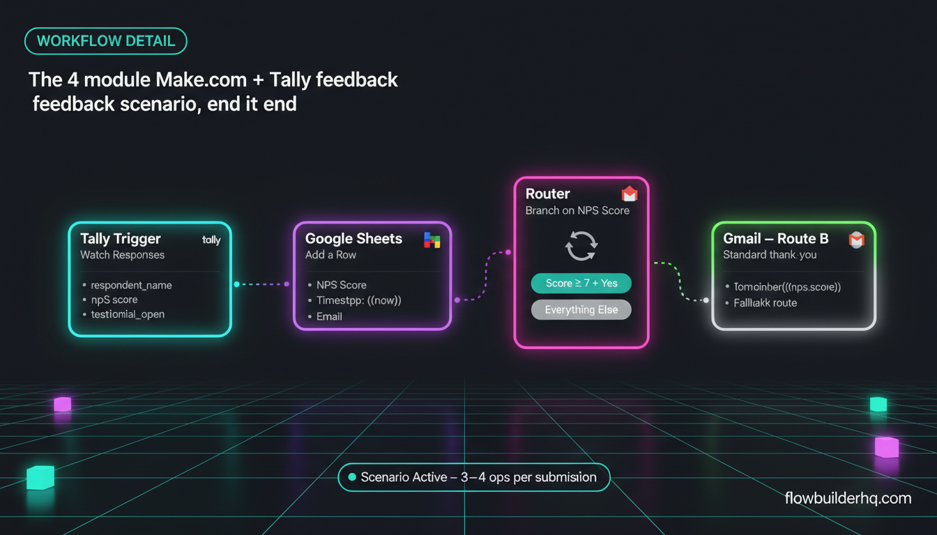How to automate client feedback collection with Make.com and Tally — scenario diagram showing Tally trigger, Google Sheets, router, and Gmail modules