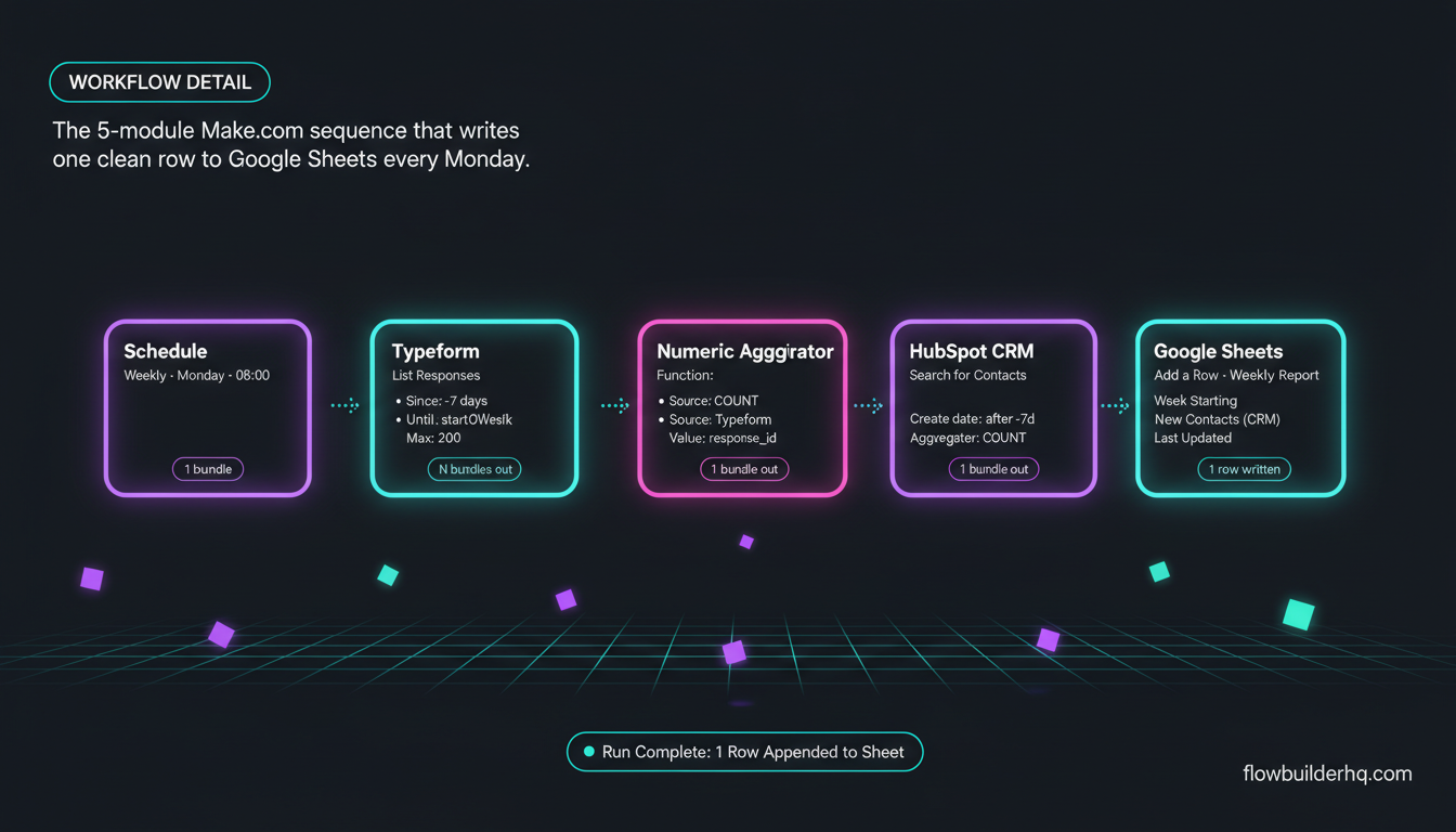 How to automate Google Sheets reporting with Make.com — scenario canvas showing scheduled data flow into a spreadsheet dashboard