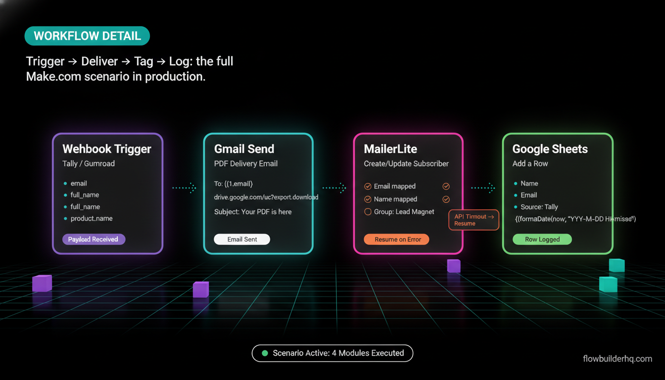 How to automate a lead magnet delivery workflow with Make.com — showing trigger, email, tagging, and logging steps