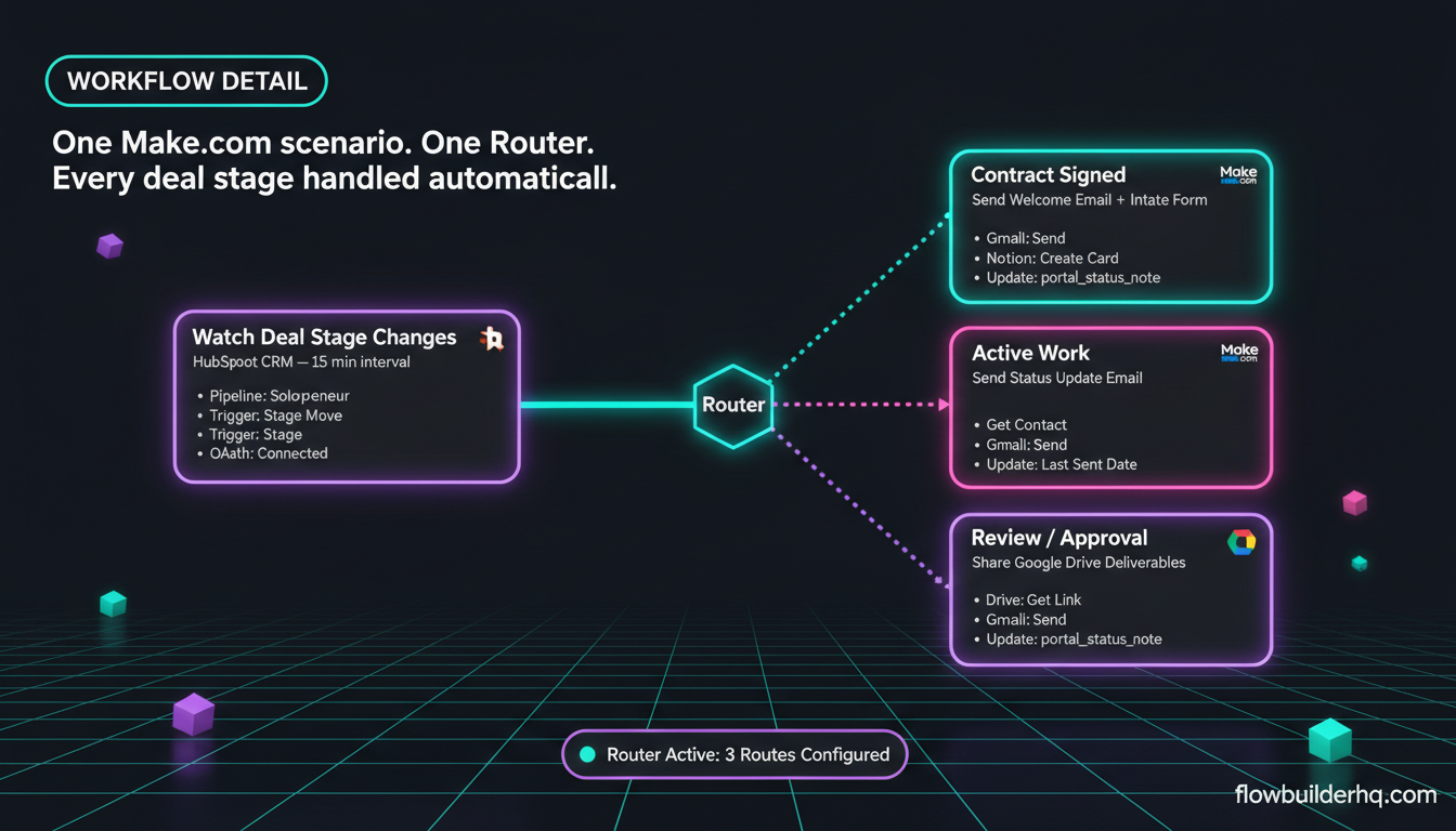 How to build a solopreneur client portal with HubSpot and Make.com automation workflow diagram