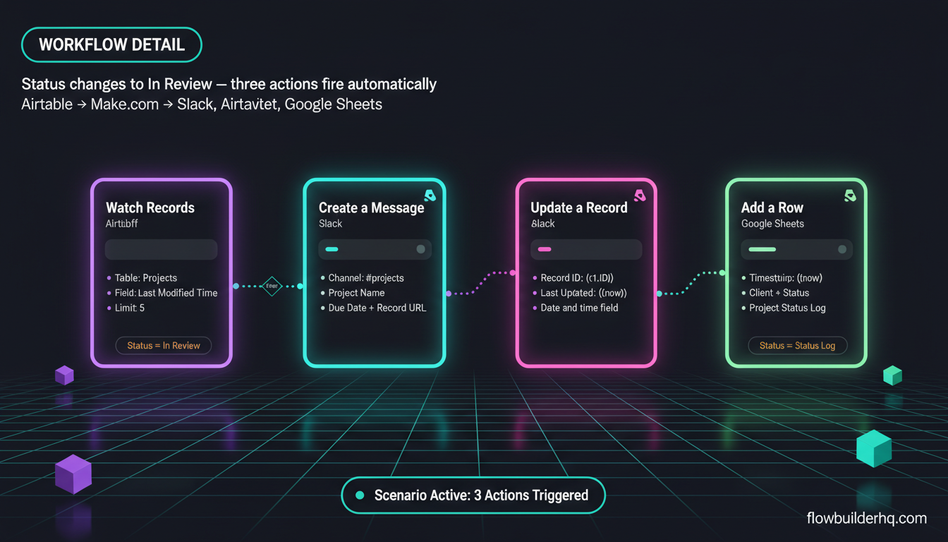 How to use Make.com with Airtable for solopreneur project management — workflow diagram showing trigger and action modules