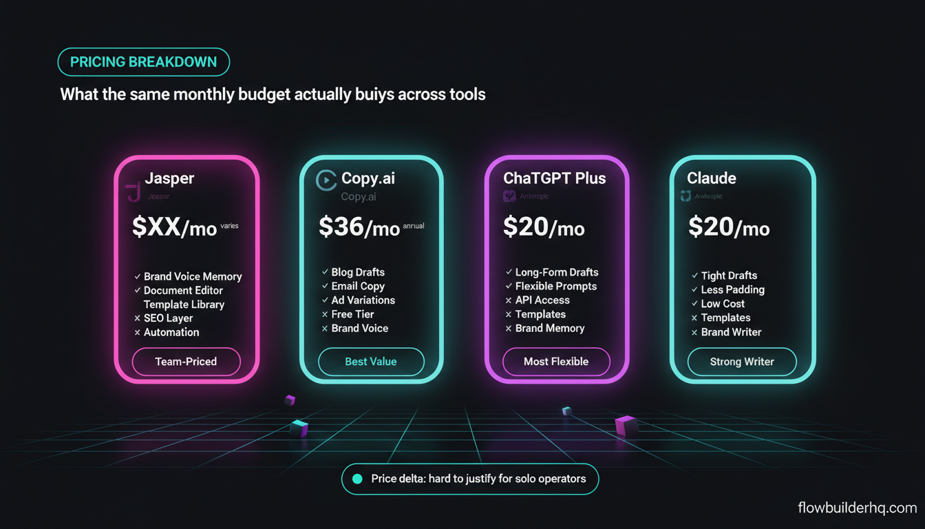 Jasper AI review for solopreneurs showing editor interface and pricing comparison