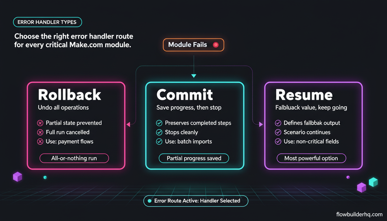 Make.com error handling tutorial — fixing a broken scenario with error handler routes and failure alerts