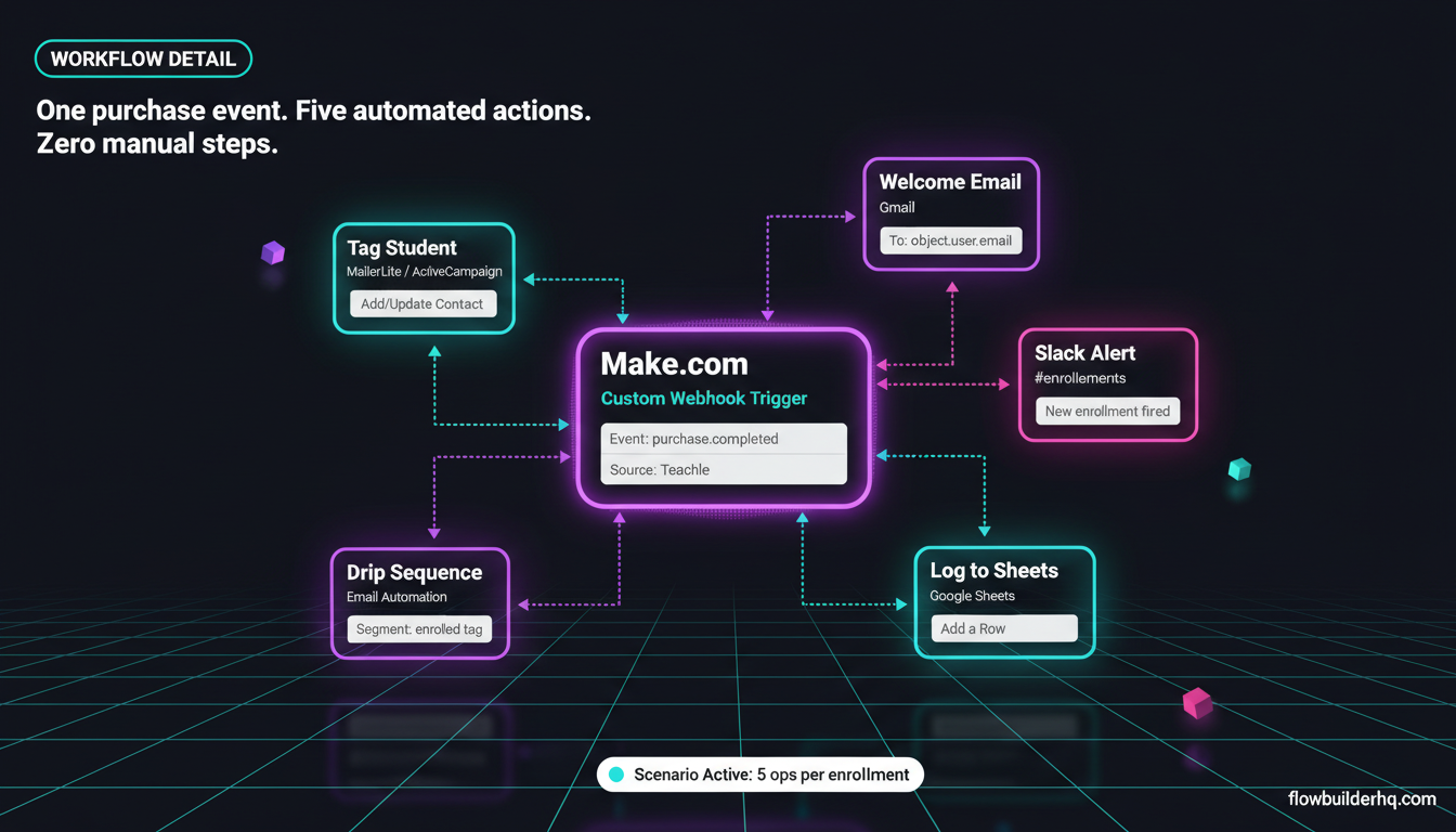 Make.com for course creators: automate student onboarding and delivery workflow diagram