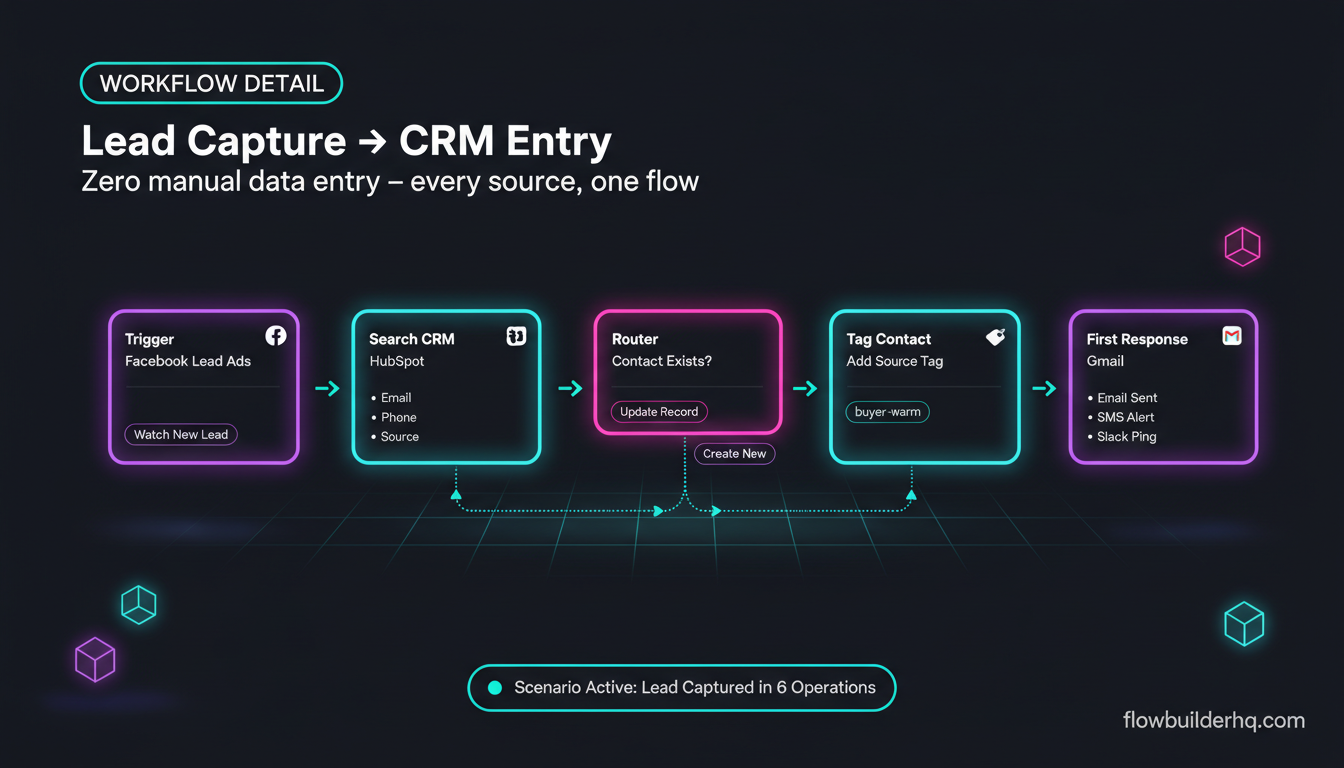 Make.com for real estate agents: automation workflow diagram showing lead capture, follow-up, and listing distribution