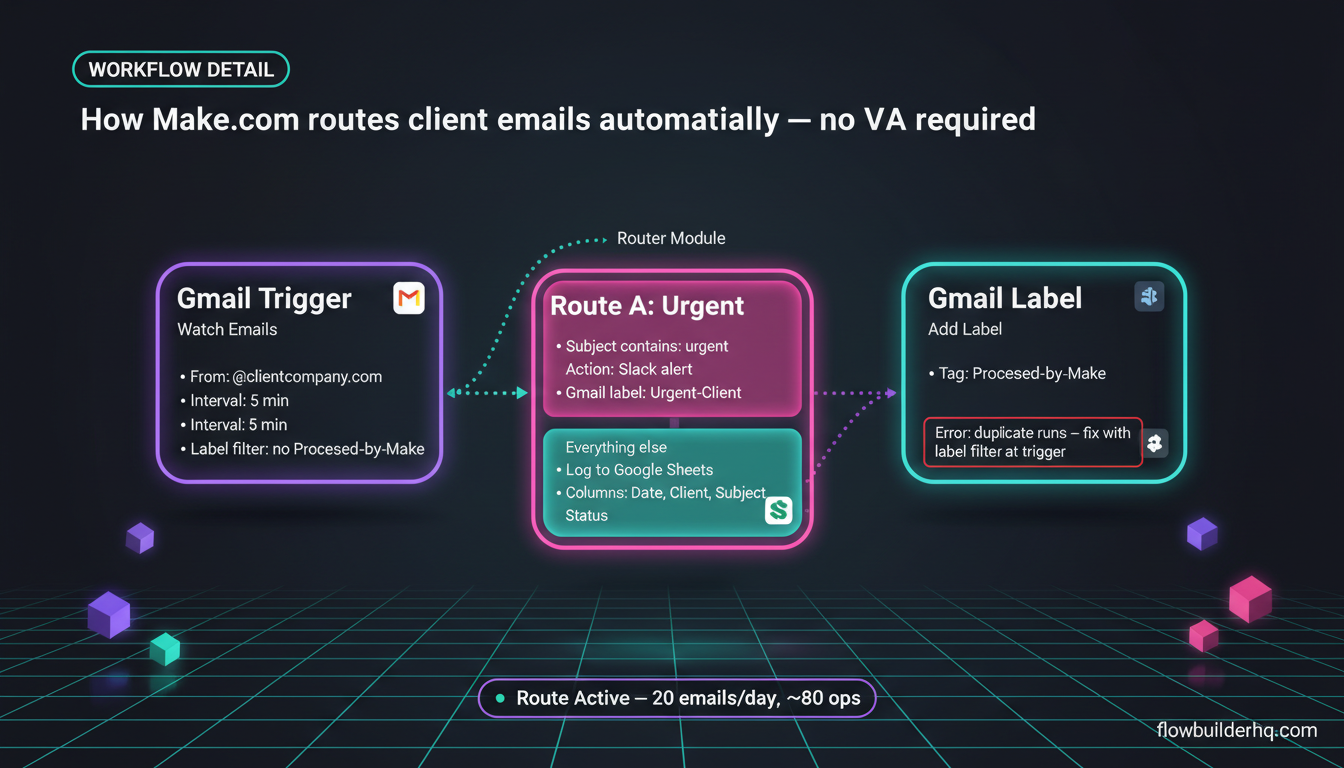 Make.com for virtual assistants: automate client tasks without extra headcount using four no-code workflows