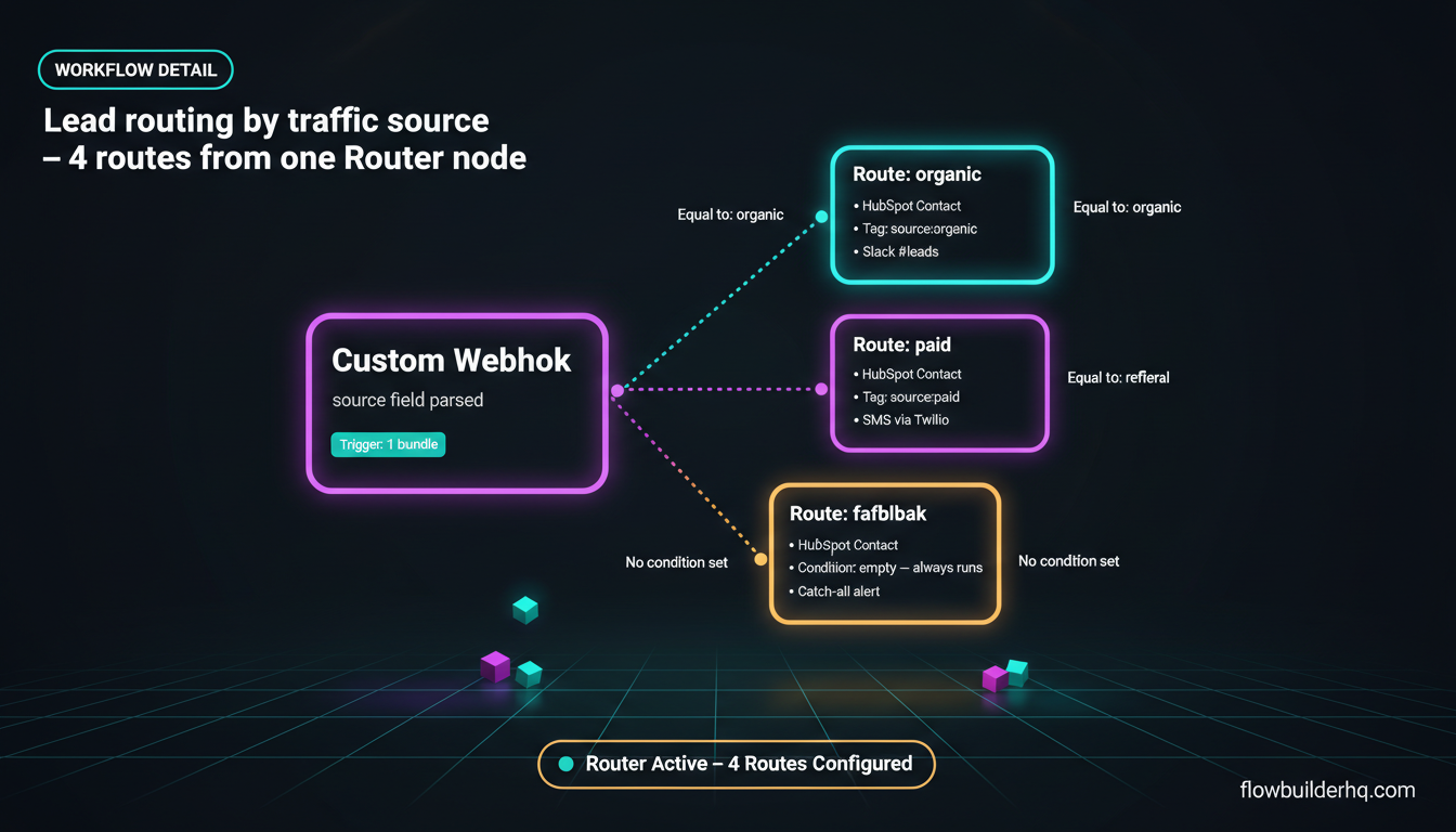 How to build a Make.com multi-step workflow with filters and routers — branching scenario diagram