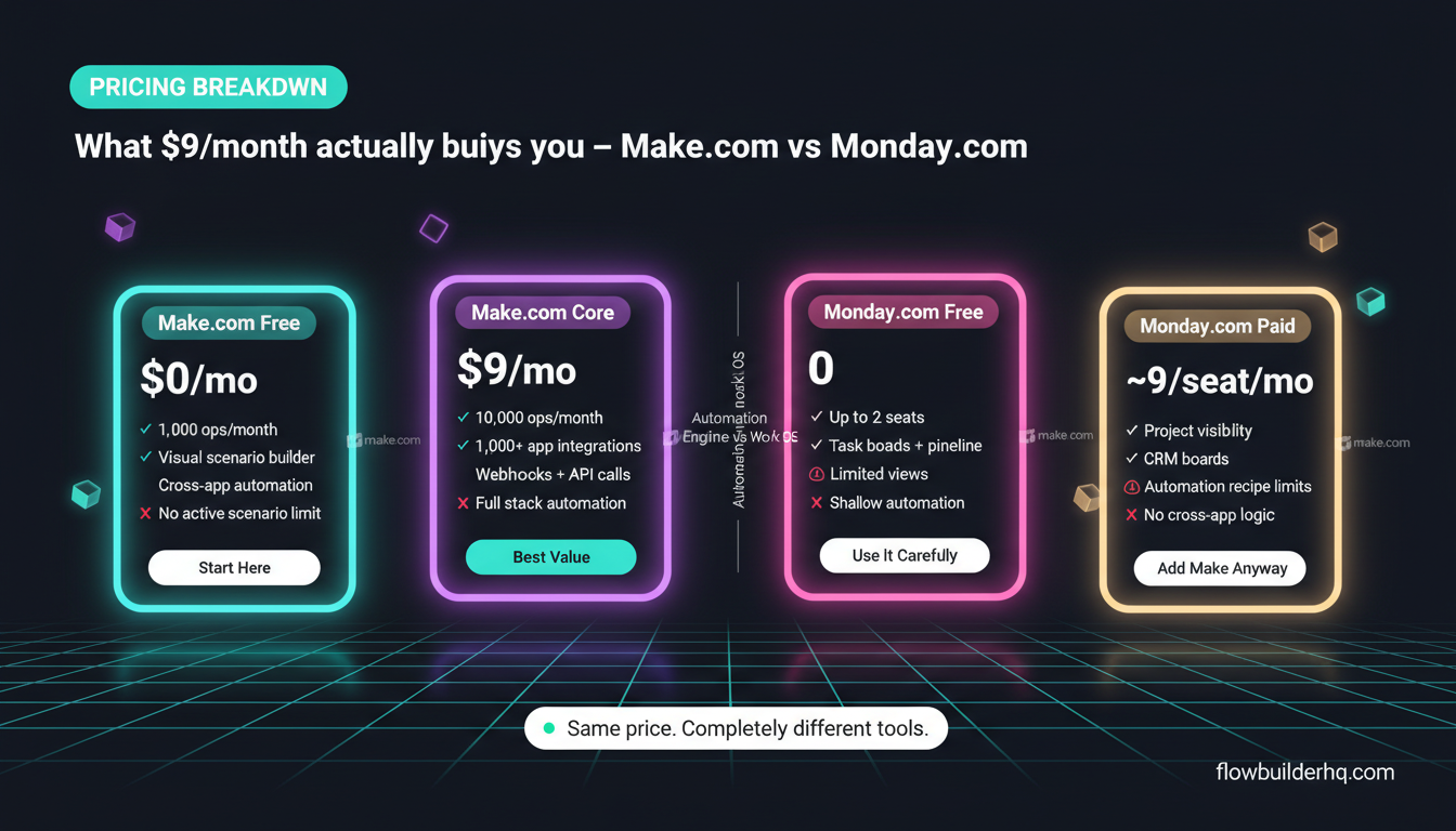 Make.com vs Monday.com for solopreneurs — side-by-side comparison of automation and project management tools