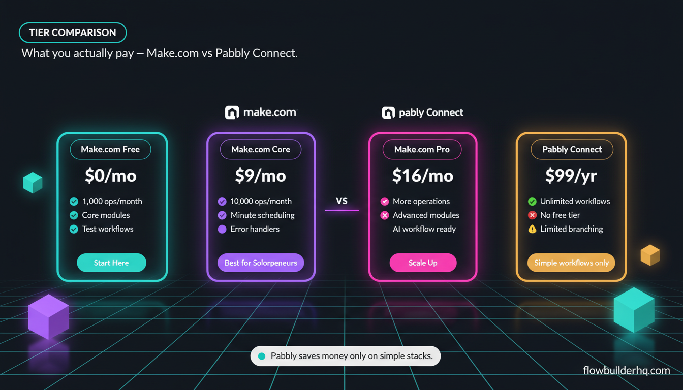 Make.com vs Pabbly Connect for solopreneurs side-by-side workflow comparison