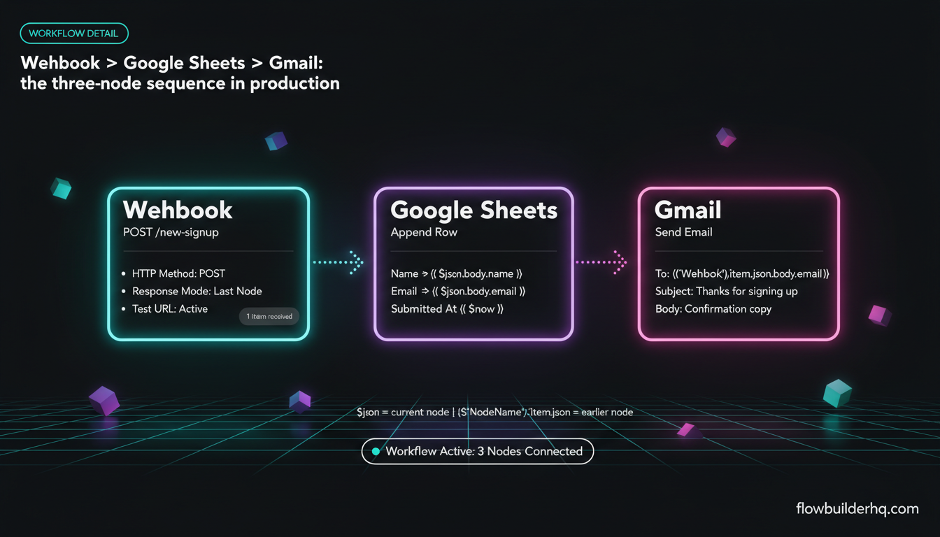 n8n for beginners first workflow tutorial — webhook to Google Sheets to Gmail in the n8n editor