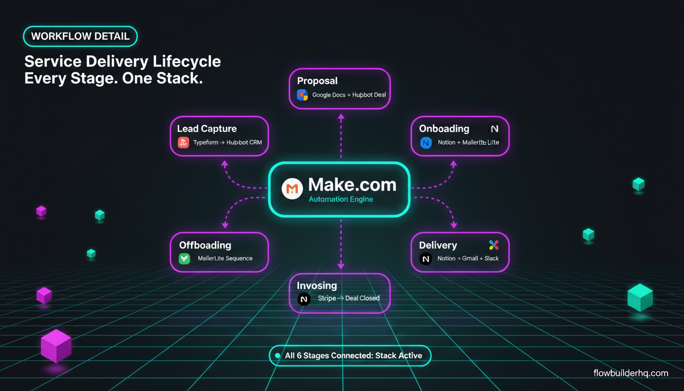 No-code workflow automation for service-based solopreneurs showing the service delivery lifecycle from lead to invoice