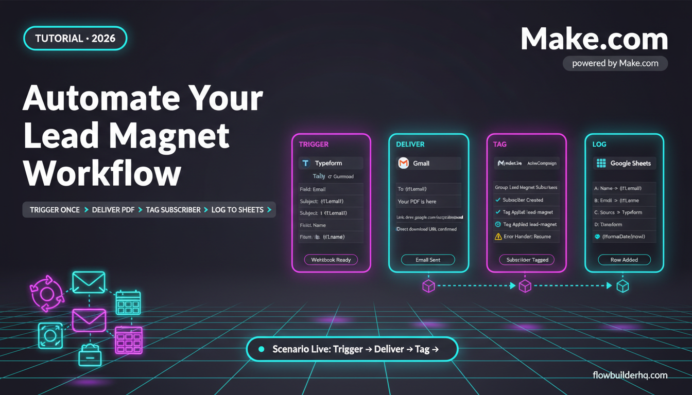 How to automate a lead magnet delivery workflow with Make.com — showing trigger, email, tagging, and logging steps