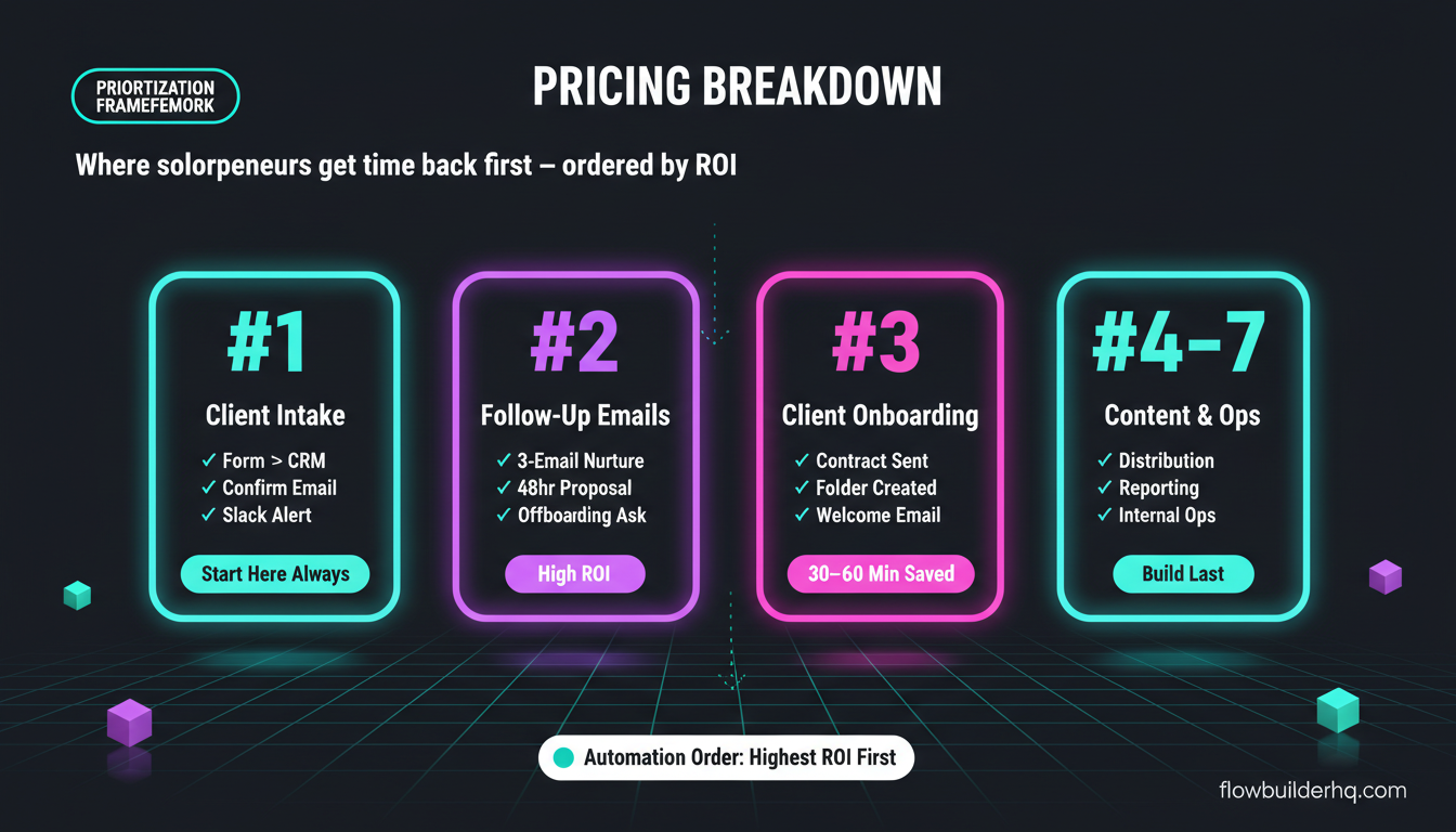 Workflow automation for solopreneurs: what to automate first — a prioritization framework showing 7 categories in order of ROI