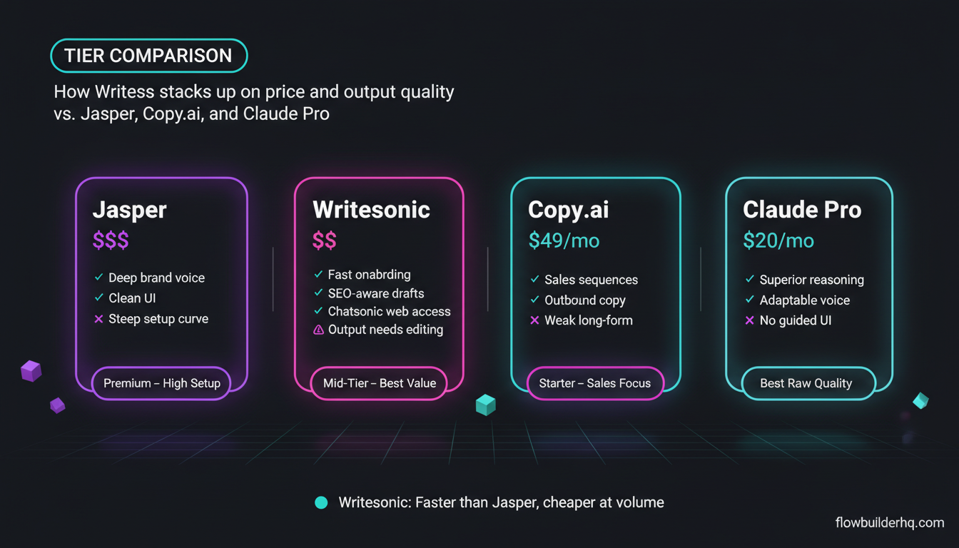 Writesonic review for solopreneurs showing the article writer interface and output quality comparison