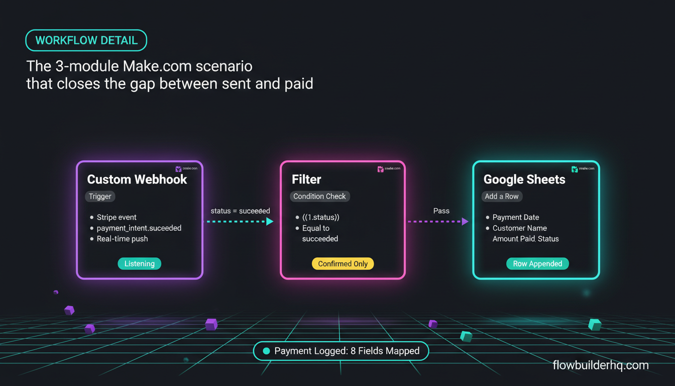 How to automate solopreneur invoice and payment tracking with Make.com using Stripe webhooks and Google Sheets