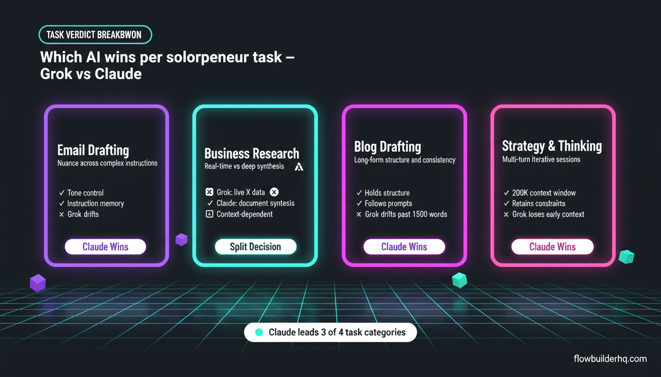 Grok vs Claude for solopreneur content and research tasks — side-by-side comparison graphic