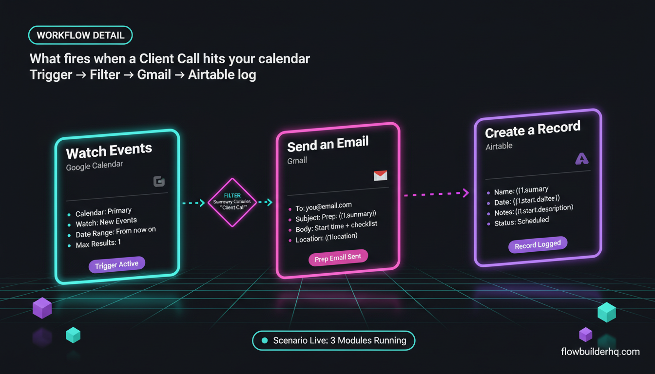How to use Make.com with Google Calendar to automate scheduling workflows — scenario canvas showing trigger and downstream actions