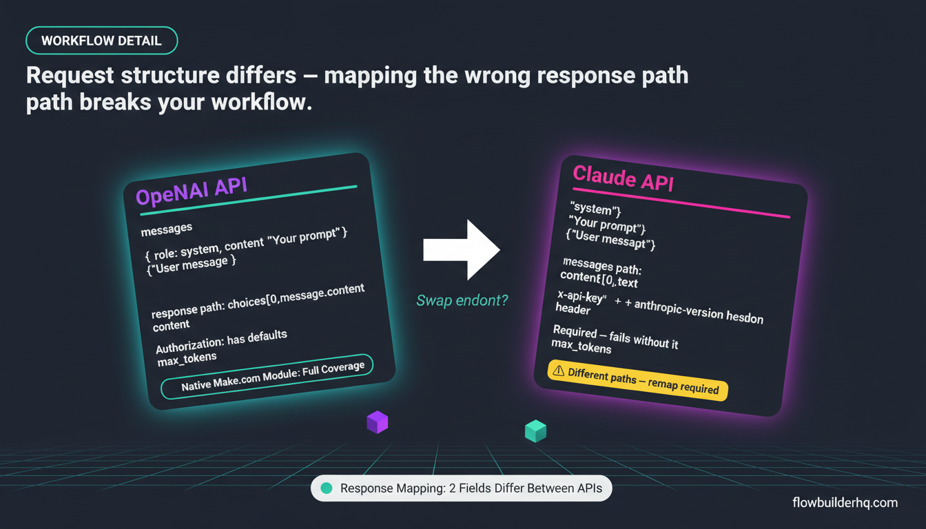 OpenAI API vs Claude API for building no-code automations comparison showing integration ease in Make.com and Albato