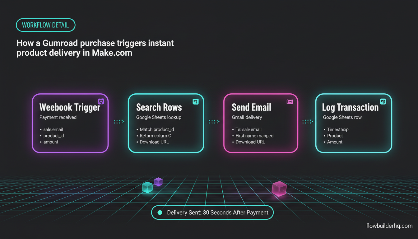 Passive income automation for solopreneurs — Make.com workflow diagram showing digital product delivery and email sequence triggers